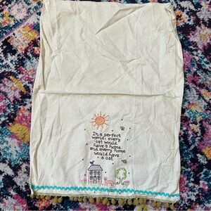Natural Life Cat Embroidered Pom Pom Trim Linen Hand Towel